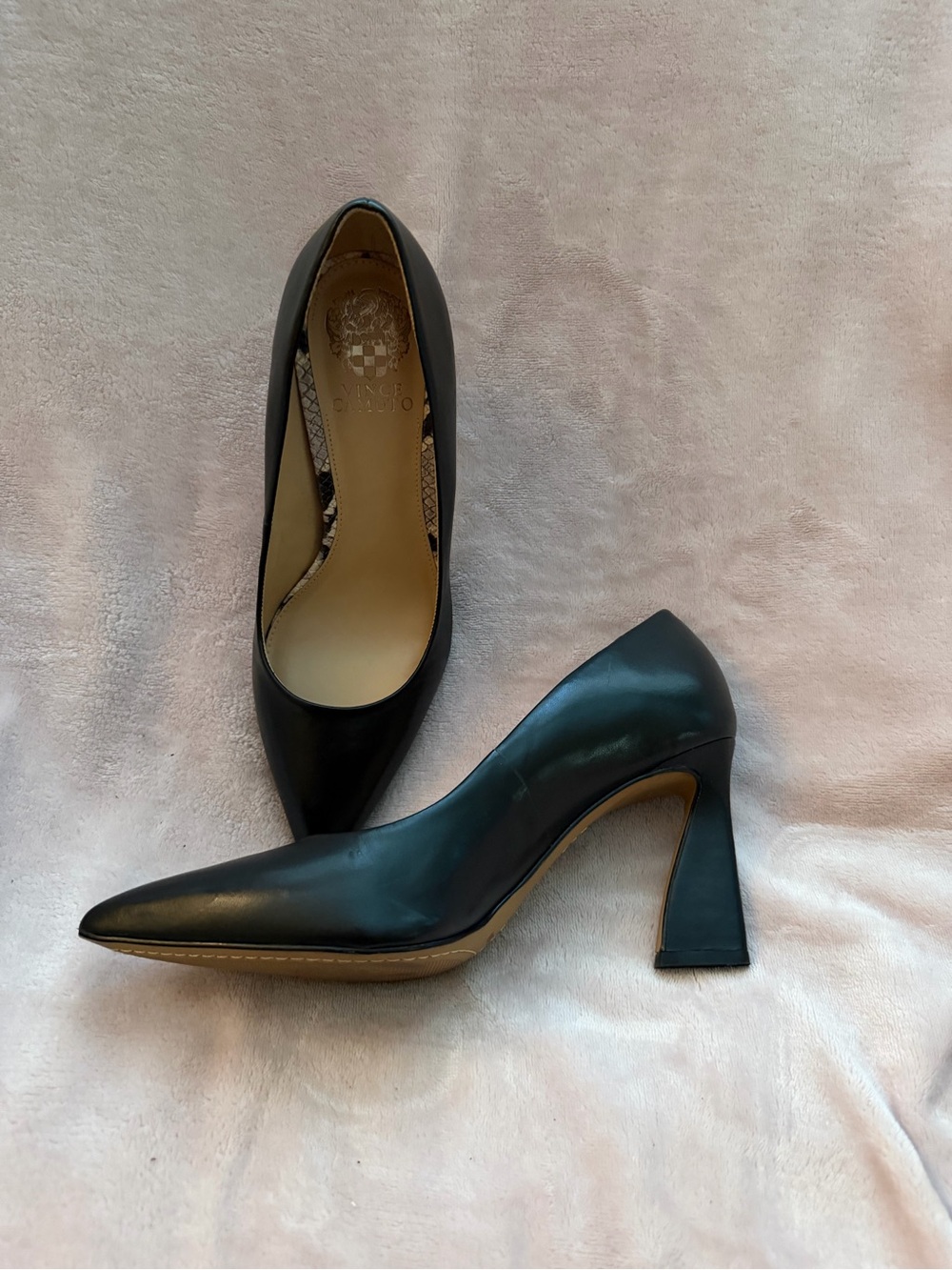 Vince Camuto Black Leather Thanley Pointed Pumps with Flared Block Heel